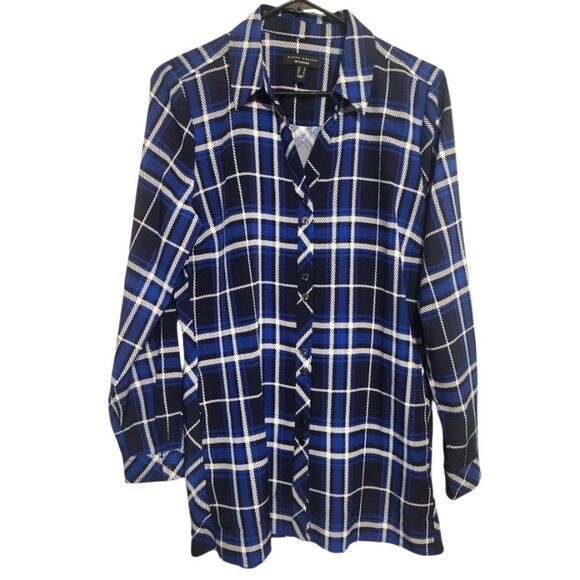 Susan Graver Weekend Liquid Knit Blue Black Long Sleeve Button Up Blouse, S - Picture 1 of 7